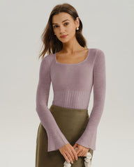 Purple Bell Sleeve Casual Knit Tee
