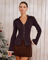 Purple Contrasting Bell Sleeve Knit Cardigan