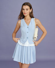 Blue Textured Pleated Mini Skirt