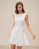 White Textured Boat Neck Button Vest