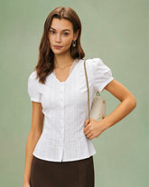White V Neck Puffed Sleeve Tee