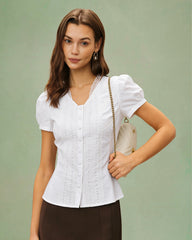 White V Neck Puffed Sleeve Tee