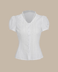 White V Neck Puffed Sleeve Tee