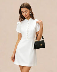 White Mandarin Collar Button Mini Dress