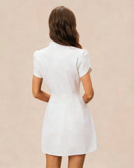 White Mandarin Collar Button Mini Dress