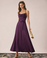 Purple Cowl Neck Satin Maxi Dress