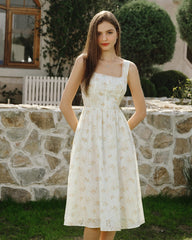 Yellow Floral Ruched Midi Dress