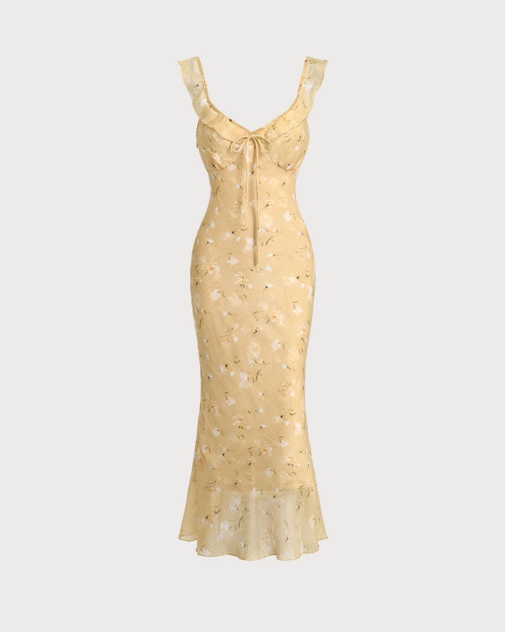 Yellow Floral Ruched Ruffle Midi Dress