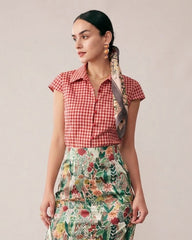 Red Plaid Cap Sleeve Button Blouse