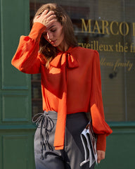 Red Chiffon Tie Neck Shirt