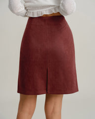 Red Suede Straight Slit Mini Skirt