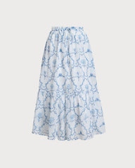 White Floral Tiered Midi Skirt