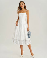 White Square Neck Jacquard Slip Midi Dress