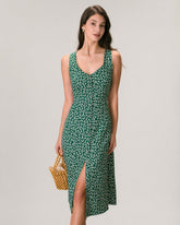 The Green V Neck Floral Button Midi Dress