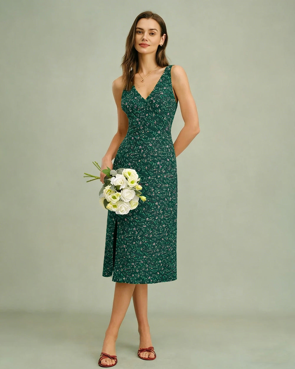 Green V Neck Floral Midi Dress