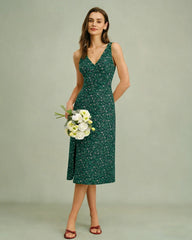 Green V Neck Floral Midi Dress