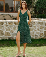 Green V Neck Floral Midi Dress