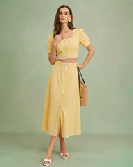 Yellow Square Neck Embroidery Blouse