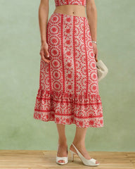 Red Floral Ruched Midi Skirt