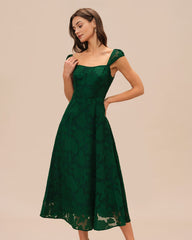 Green Jacquard Cap Sleeve Midi Dress