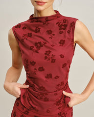 Red Mock Neck Floral Tank Top