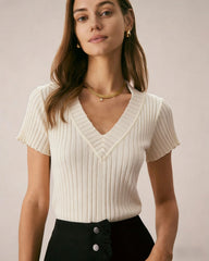 Apricot Textured V Neck Tee