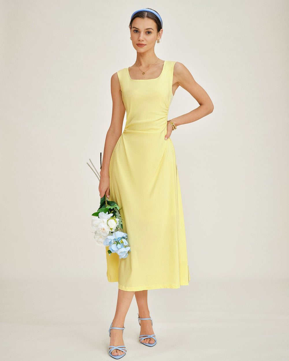 Yellow U Neck Ruched Midi Dress