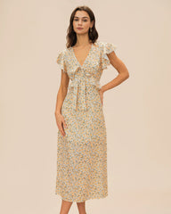 Yellow V Neck Floral Ruffle Midi Dress