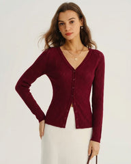 Wine Red V Neck Viscose Knit Cardigan