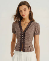 Brown V Neck Puffed Sleeve Plaid Blouse