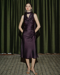 Purple Cowl Neck Mermaid Satin Midi Dress