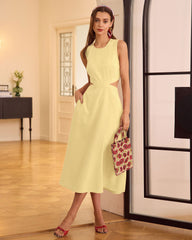 Yellow Round Neck Cut-Out Midi Dress