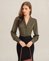 Green Satin V-Neck Office Shirt