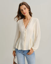 Apricot V Neck Lace Lantern Sleeve Blouse