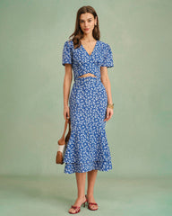 Blue Floral Mermaid Midi Skirt