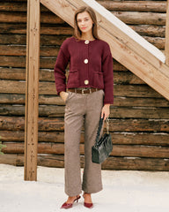Wine Red Single Breasted Casual Knit Cardigan