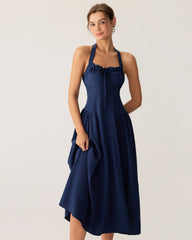 Navy Ruched Halter Midi Dress