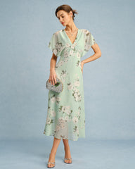 Green V Neck Floral Chiffon Midi Dress