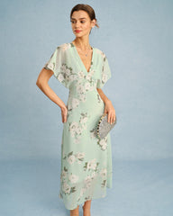 Green V Neck Floral Chiffon Midi Dress