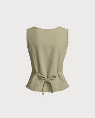 Green Boat Neck Single Breasted Vest