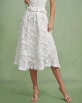 White Flowers Elastic Waist Midi Skirt