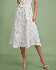 White Flowers Elastic Waist Midi Skirt