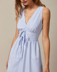 The Blue V Neck Shirred Striped Maxi Dress