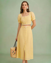 Yellow Embroidery Button Midi Skirt