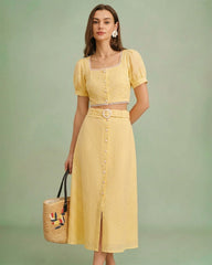 Yellow Embroidery Button Midi Skirt