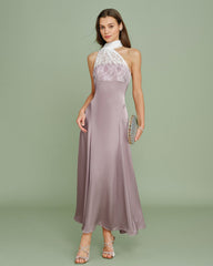 Pink One Shoulder Lace Splicing Maxi Dress