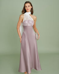 Pink One Shoulder Lace Splicing Maxi Dress