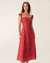 Red Floral Sweetheart Neck Cap Sleeve Midi Dress