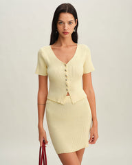 Beige Elastic Waist Knit Mini Skirt