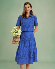 Blue Embroidery Midi Skirt